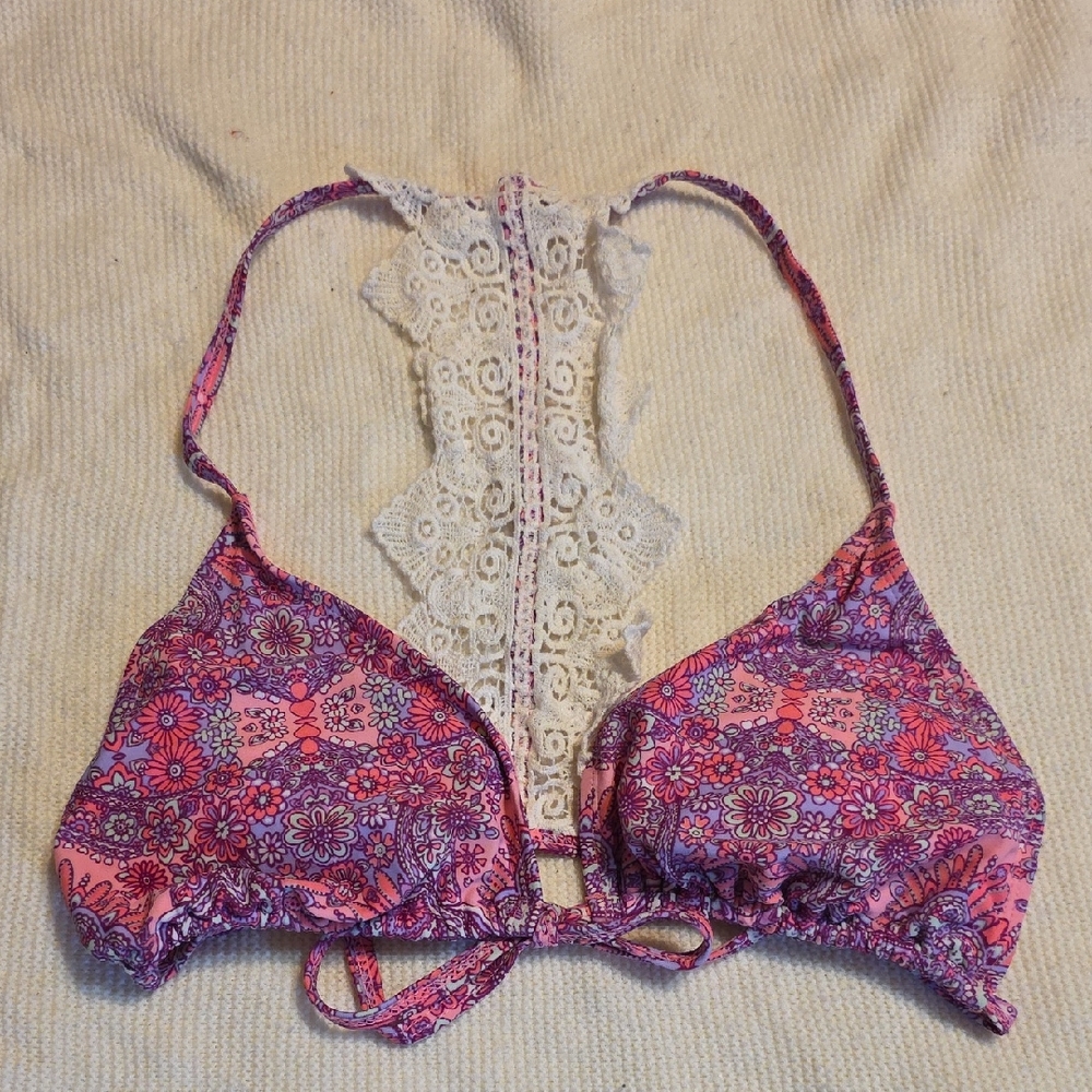 Betsy Johnson Lace-Back Pink & Purple Floral Bikini Top Large